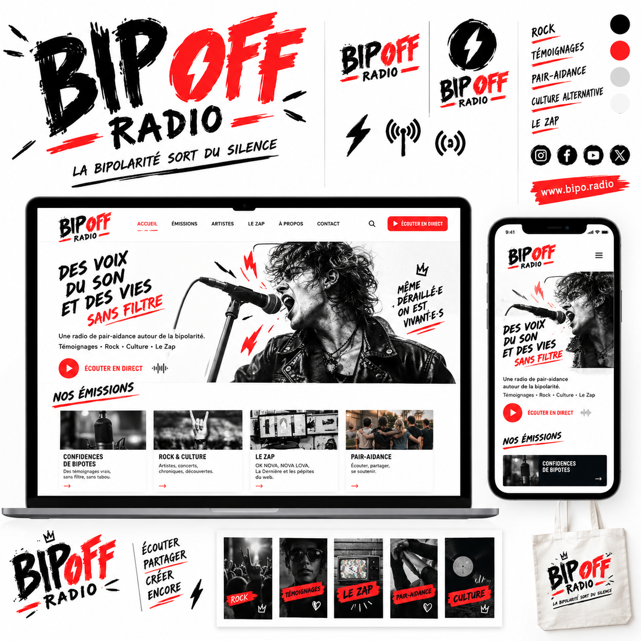 Identité visuelle BIP OFF Radio, noir, blanc et rouge